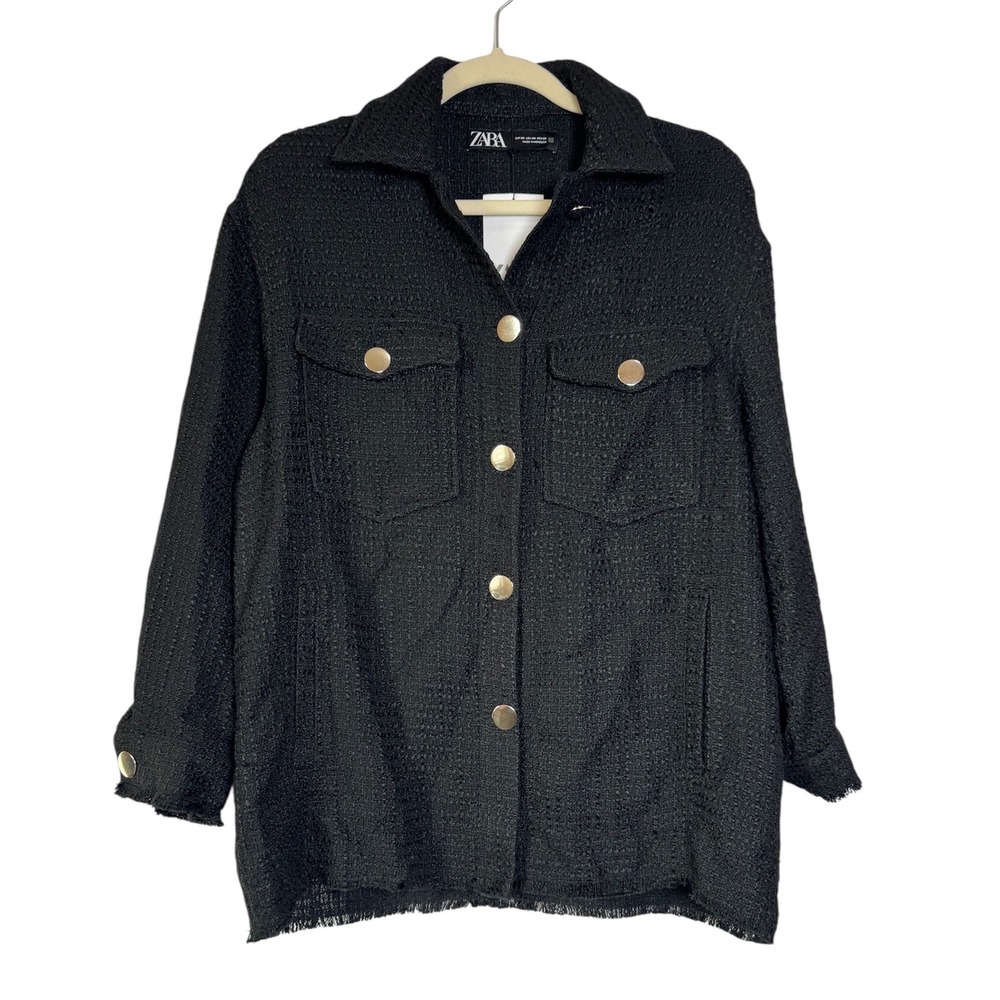 ZARA Black‎ Textured Tweed Jacket Oversized Button Front Raw Hem XS